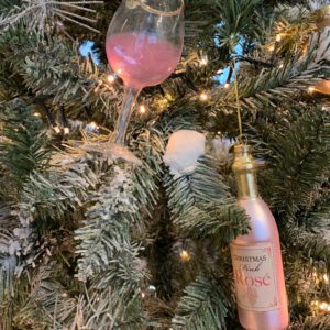 Kersthangerset ( Glazen) Rosé fles met glas 12 cm