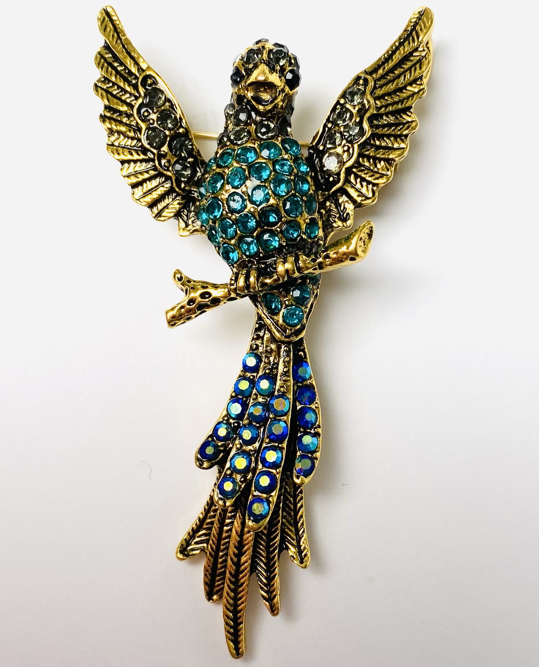 Broche Papegaai Strass Goudkleurig ( Blauw) 7.0 x 4.0 cm