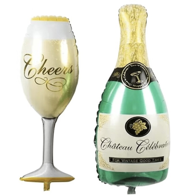 Folieballon Chateau Celebration fles met Cheers glas
Fles 82 x 48 cm
Glas 95 x 45 cm