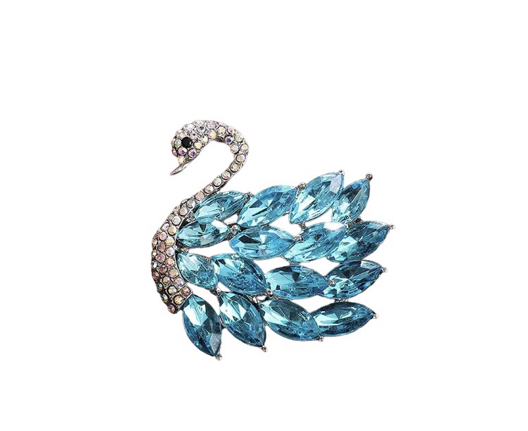 Broche Zwaan Strass ( lichtblauw) Zilverkleurig 4.5 x 4.4 cm