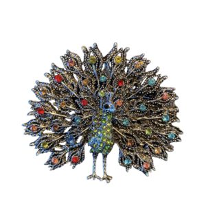 Broche Pauw Strass Groen met Div kleuren ( Zilverkleurig ) 7 x 6.2 cm