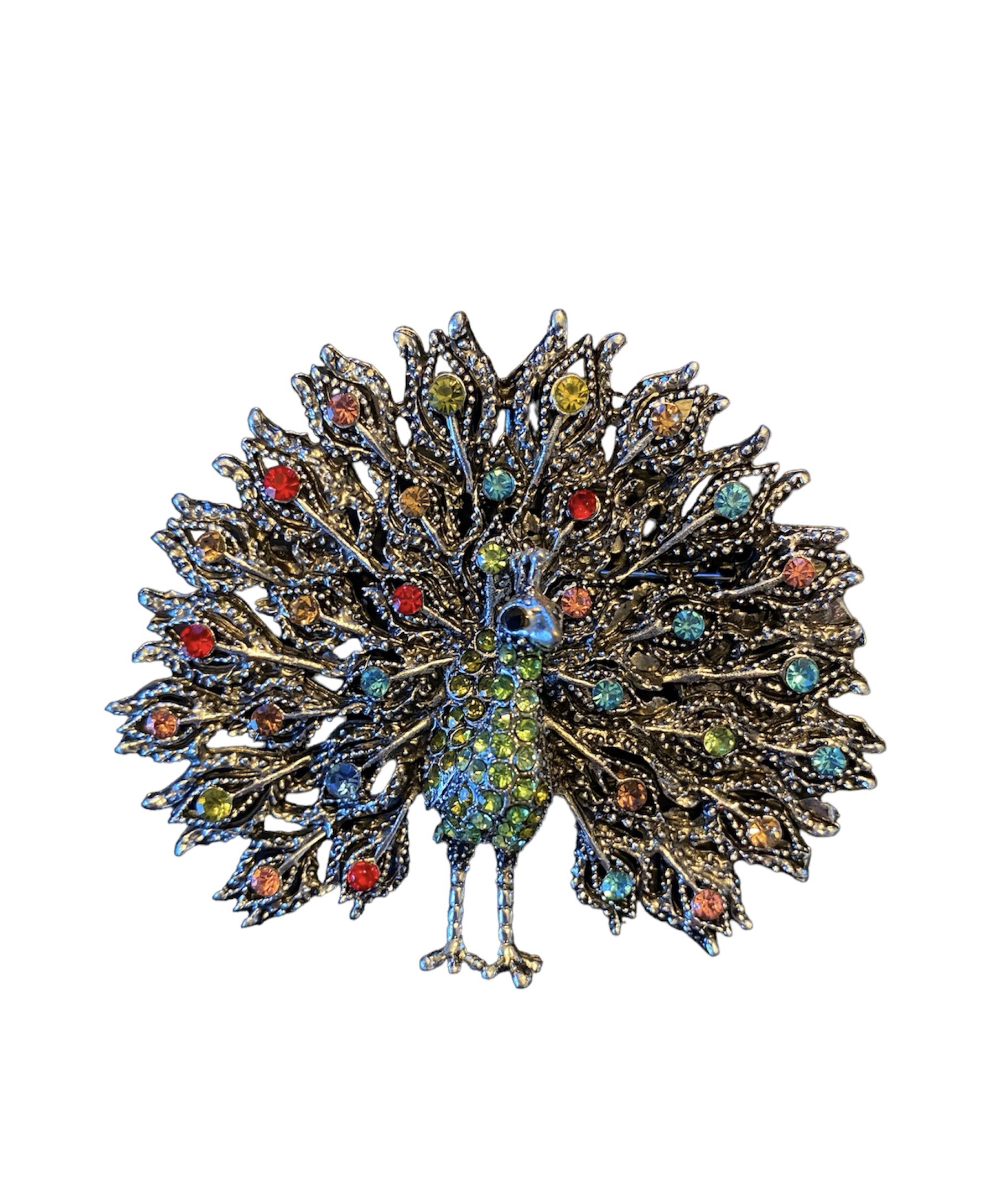 Broche Pauw Strass Groen met Div kleuren ( Zilverkleurig ) 7 x 6.2 cm