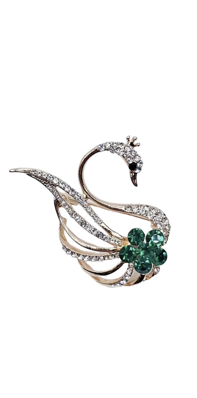 Broche Zwaan Strass met Groene bloem ( Goudkleurig) 4.5 x 5.2 cm
