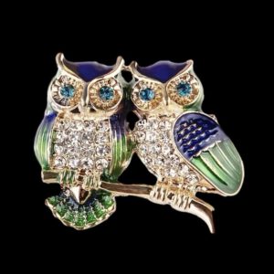 Broche Uil Strass Blauw/Groen ( Goudkleurig) 2.8 x 3.2 cm 