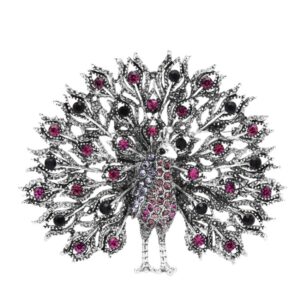 Broche Pauw Strass Paars/Roze ( Zilverkleurig) 7 x 6.2 cm