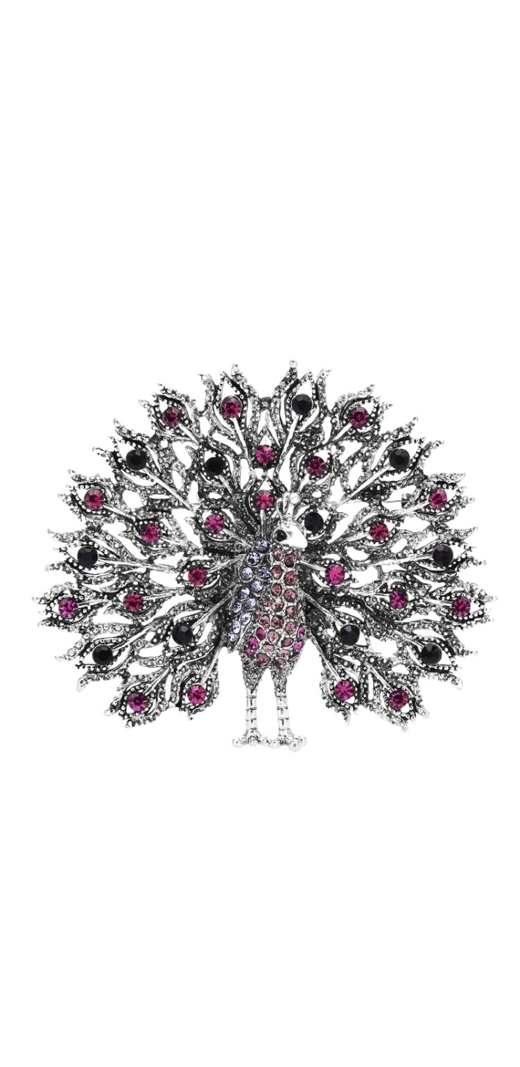 Broche Pauw Strass Paars/Roze ( Zilverkleurig) 7 x 6.2 cm