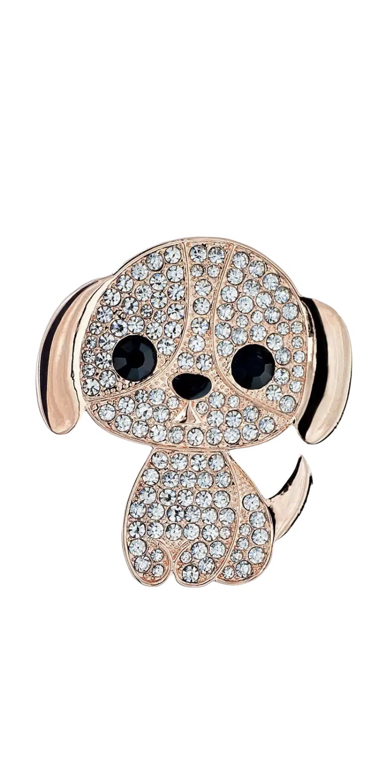 Broche Hond Strass Plat ( Bronskleurig) 4.5 x 4 cm