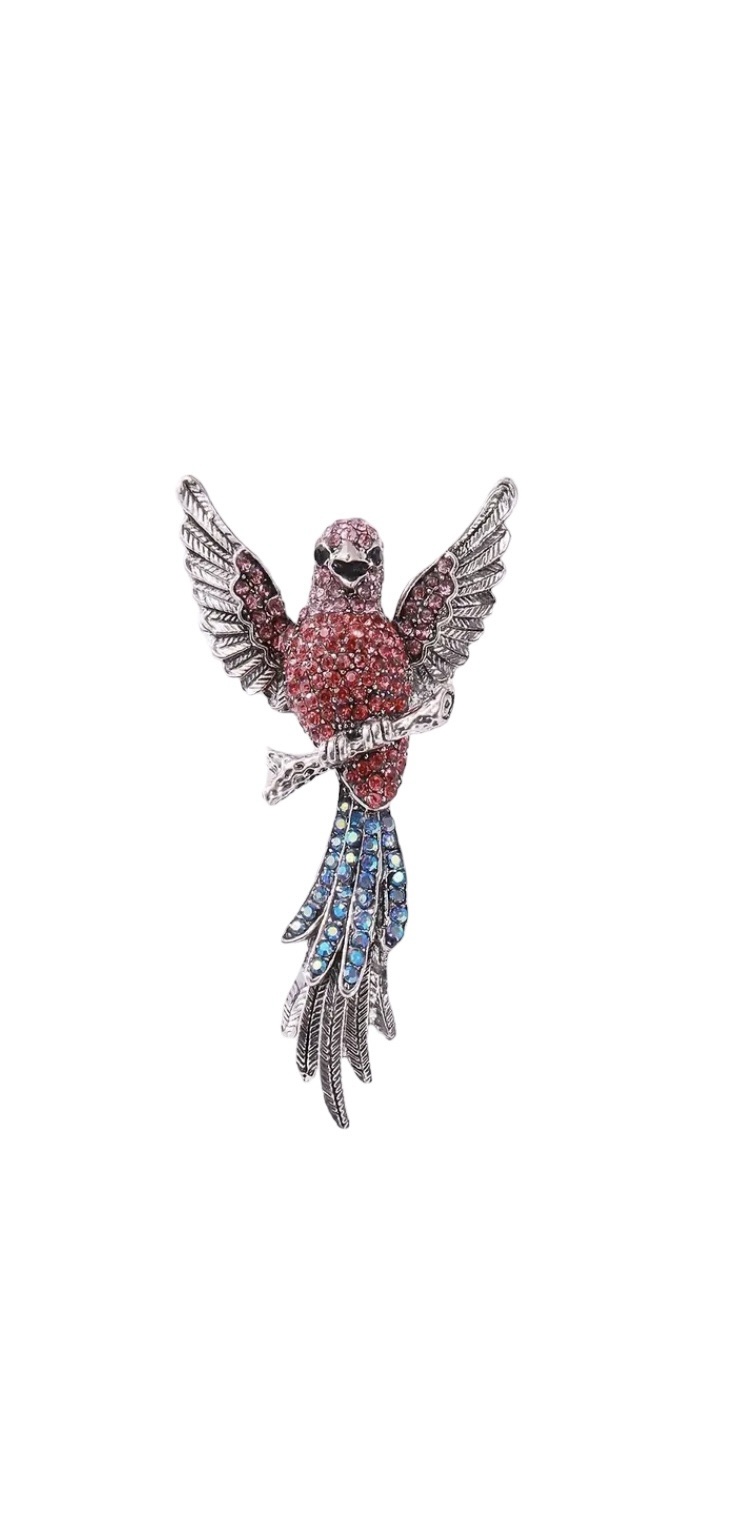 Broche Papegaai Strass Roze (Zilverkleurig )7.0 x 4.0 cm