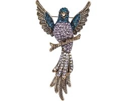 Broche Papegaai Strass Goudkleurig ( Groen/ Paars ) 7.0 x 3.7 cm
