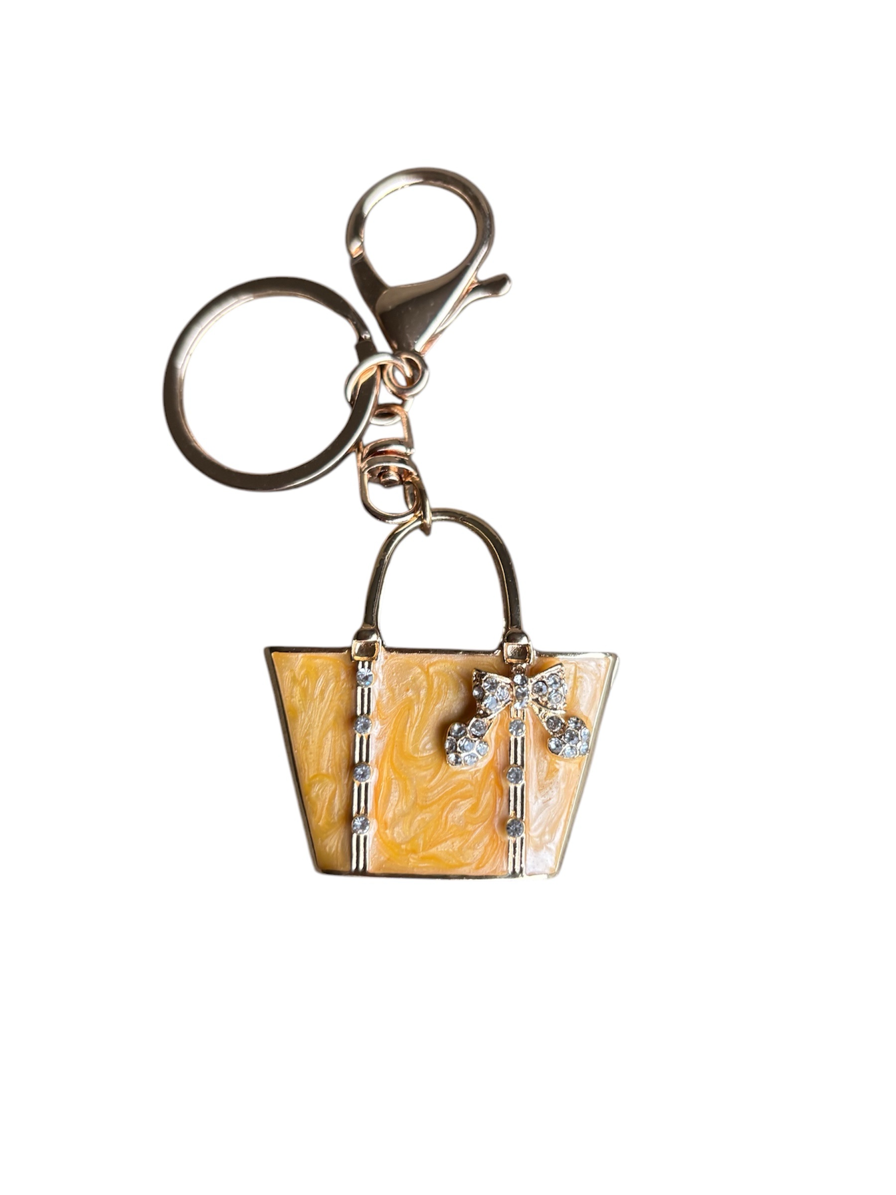 Sleutelhanger Okergeel Tas met Strass strik ( Goudkleurig ) 4.5 x 4.5 cm
