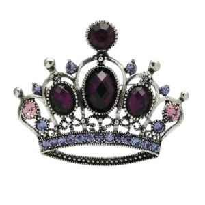 Broche Kroon Strass groot Zilverkleurig met paarse steentjes (5.4 x 4.7 cm )