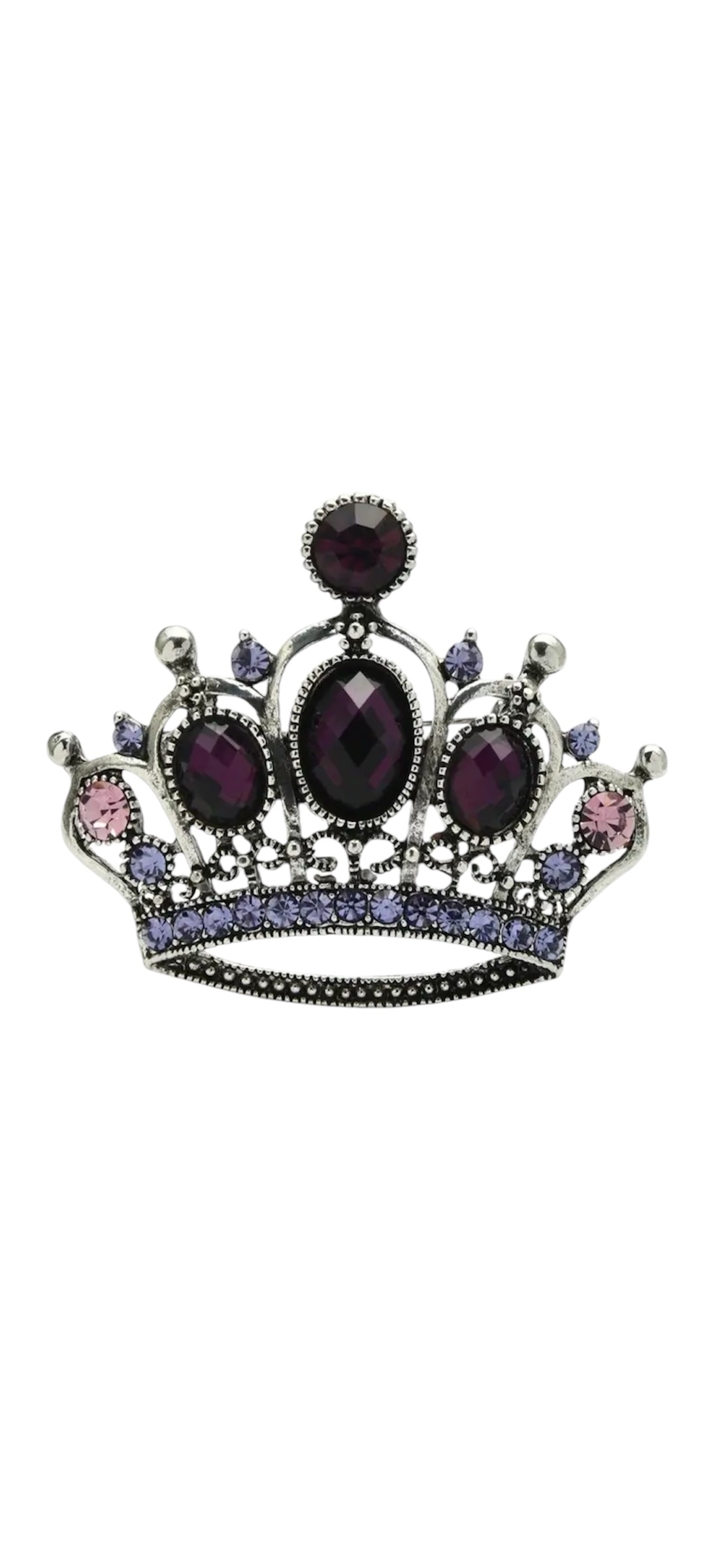 Broche Kroon Strass groot Zilverkleurig met paarse steentjes (5.4 x 4.7 cm )
