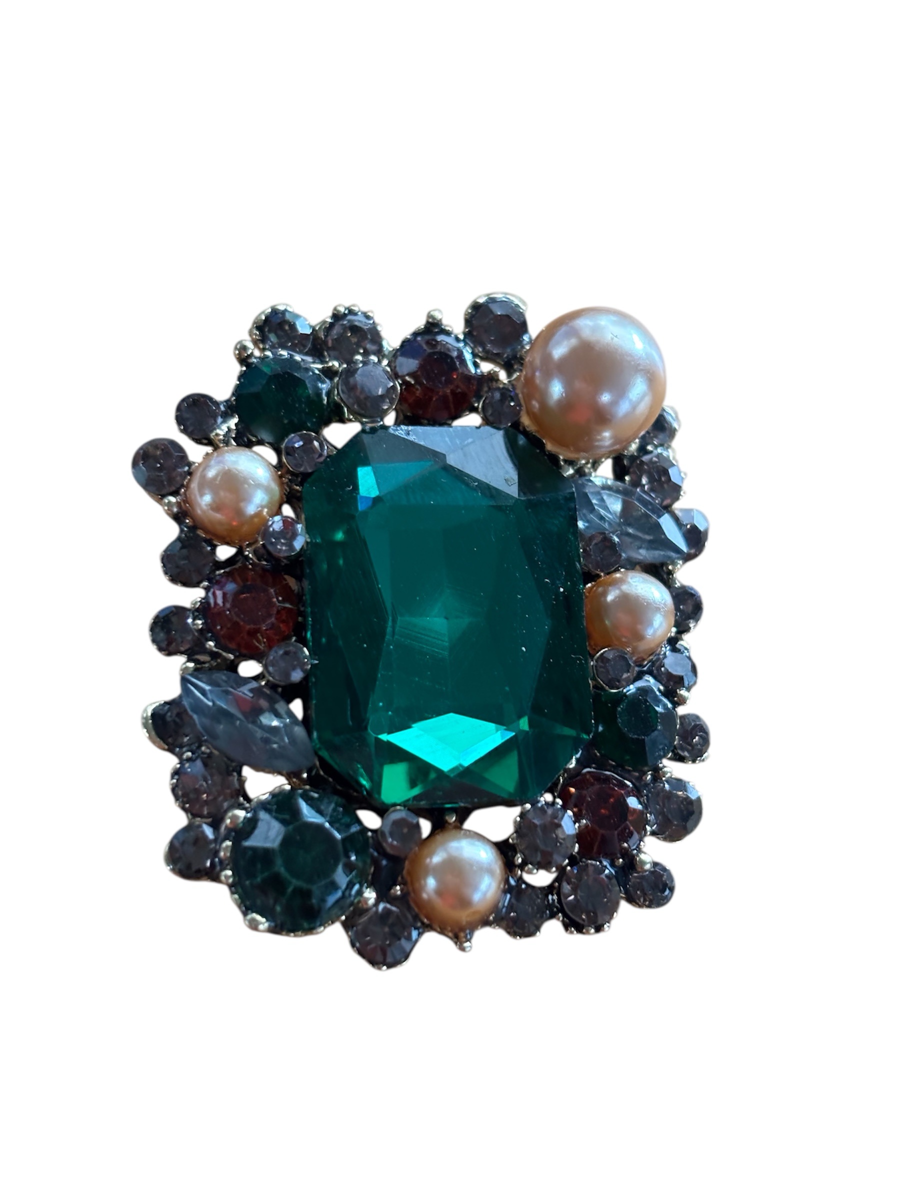 Broche Retro Groen/Rood met imitatie parel ( Goudkleurig ) 4.7 x 4.0 cm