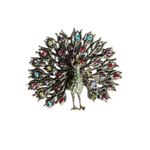 Broche Pauw Strass Groen met Div kleuren ( Goudkleurig ) 7 x 6.2 cm
