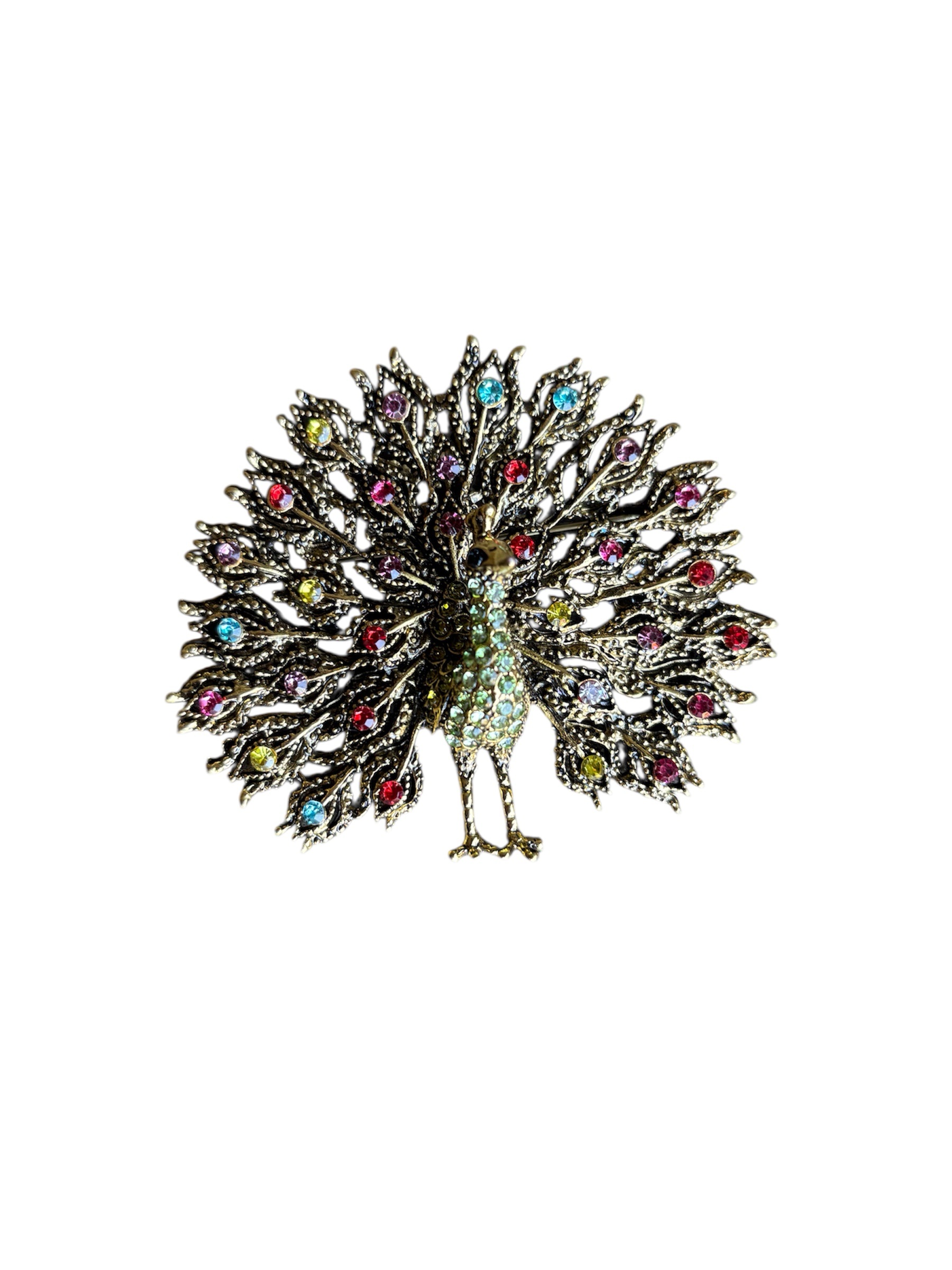 Broche Pauw Strass Groen met Div kleuren ( Goudkleurig ) 7 x 6.2 cm