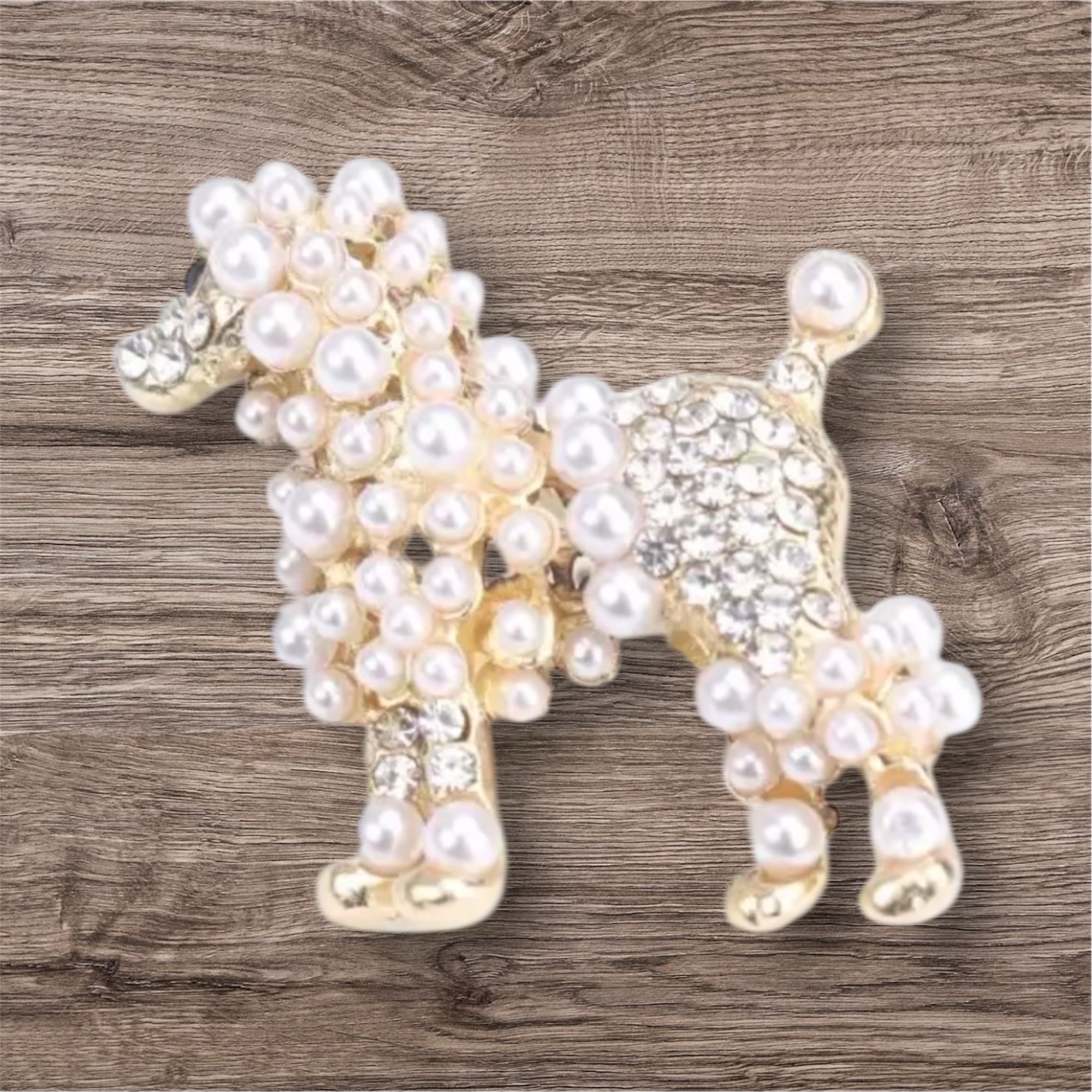 Broche Hond Poedel Strass/Parel goudkleurig ( 3.5 x 3.8 cm )