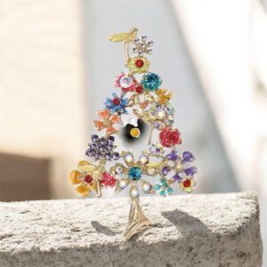 Broche Kerstboom Fleurige Strass Bloemen ( goudkleurig ) 9.6 x 5.7 cm