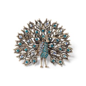 Broche Pauw Strass Blauw ( Zilverkleurig ) 7 x 6.2 cm