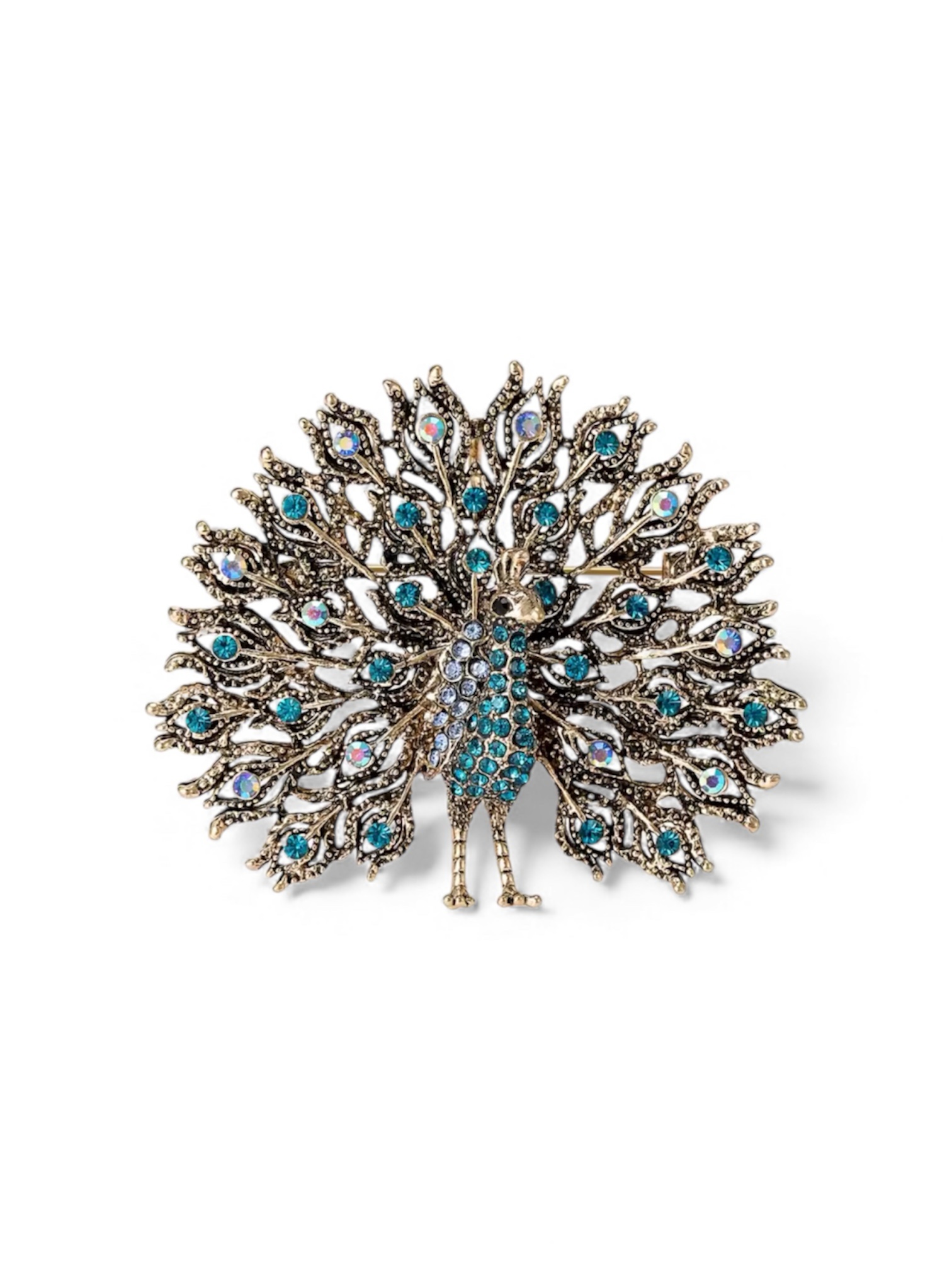 Broche Pauw Strass Blauw ( Zilverkleurig ) 7 x 6.2 cm
