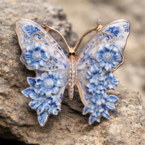 Broche Vlinder Strass ( Blauw/Wit/Goudkleurig ) 5.2 x 5.6 cm
