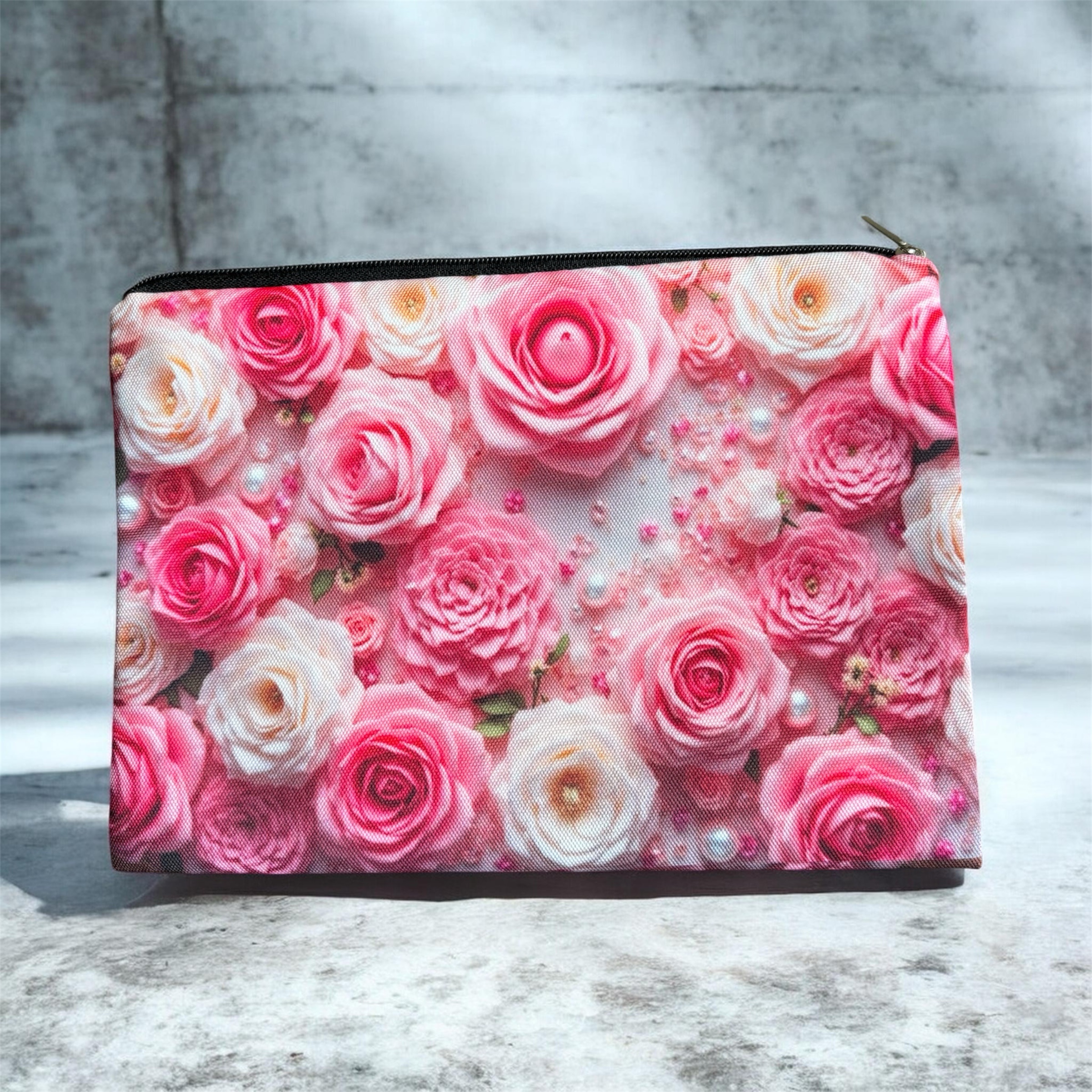 Stoffen Toilettas Roze Rozen met rits (make-uptasje, etui of reisetui ) 26 x 18 cm