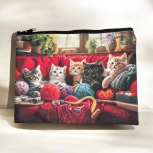 Stoffen Toilettas Katten/Bolletjes Wol met rits (make-uptasje, etui of reisetui ) 22 x 16 cm