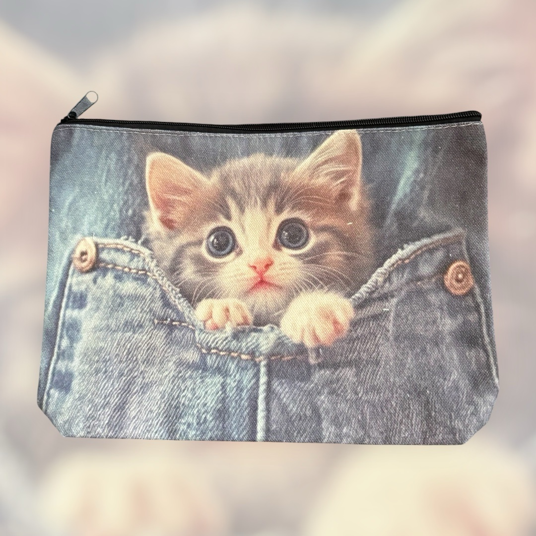 Stoffen Toilettas Kat in Broekzak met rits (make-uptasje, etui of reisetui ) 23 x 17 x 4.5 cm