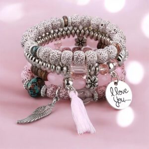 Bohemian Armbanden I Love You 18 cm ( kleur Roze ) Set 4 stuks