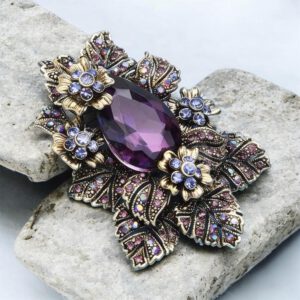 Broche Retro Strass Luxe Bloemen Paars ( Goudkleurig ) 6.8 x 5.1 cm