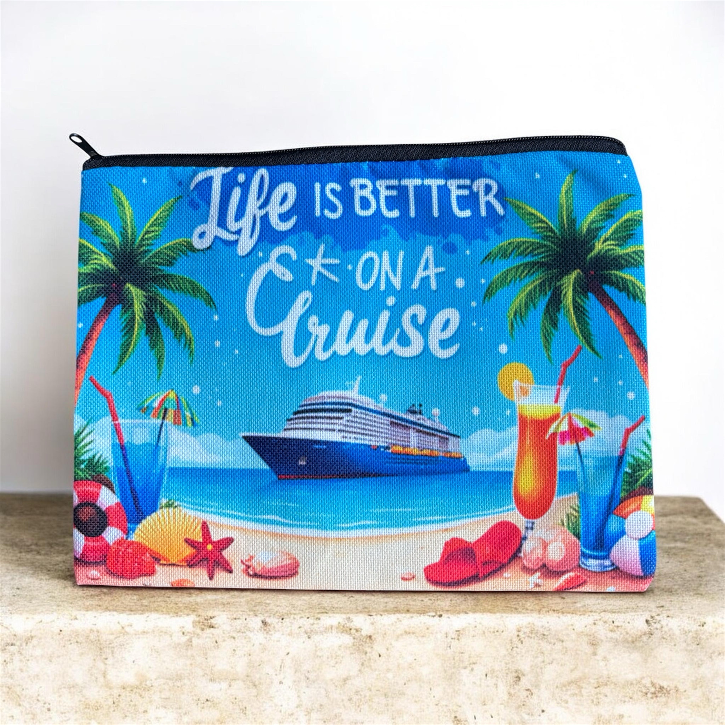 Stoffen Toilettas Life Is Better On A Cruise met rits (make-uptasje, etui of reisetui ) 25.5 x 20 cm